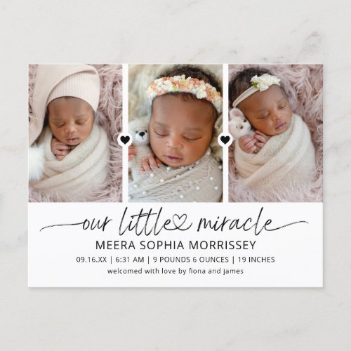 Modern Script Our Little Miracle Photos Birth Announcement Postcard