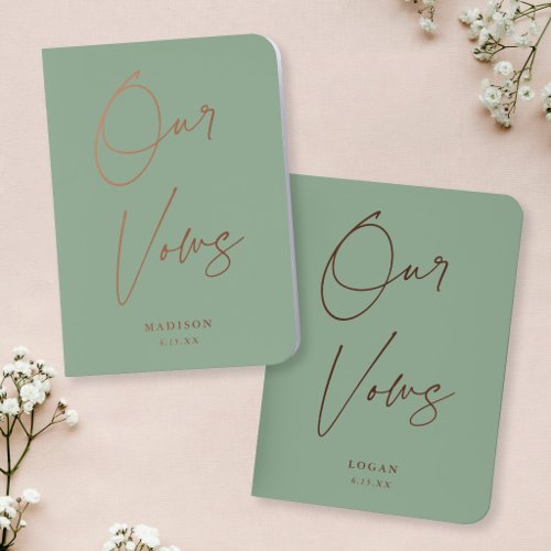 Modern Script Our Vows Wedding Sage Green Gold Foil Vow Books