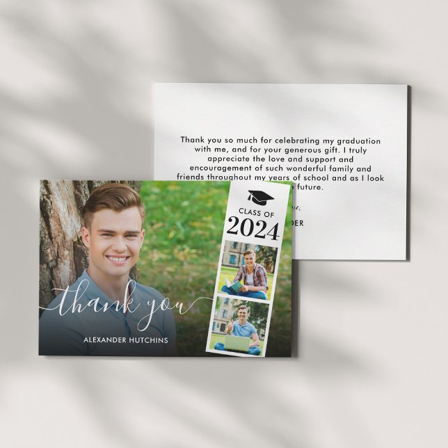 Modern Script Overlay 3 Photo Graduation Thank You Card (Creator Uploaded)