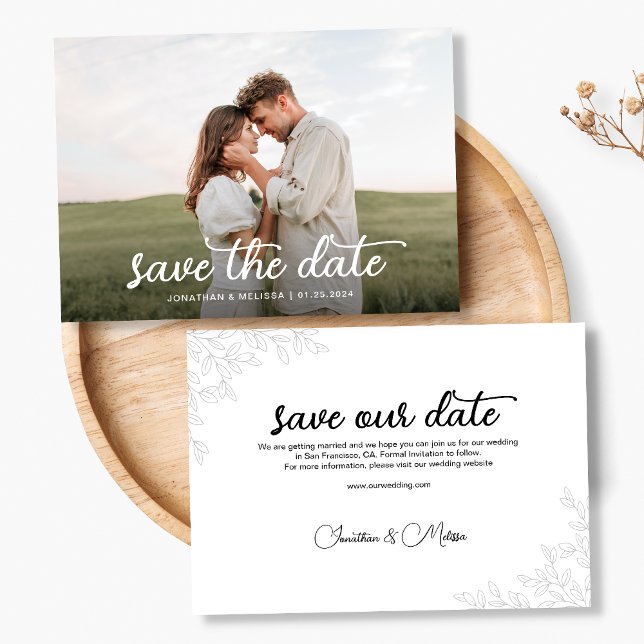 Modern Script Overlay Botanical Wedding photo Save The Date (Creator Uploaded)