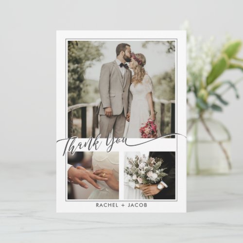 Modern Script Overlay Photo Collage Wedding Thank  Thank You Card