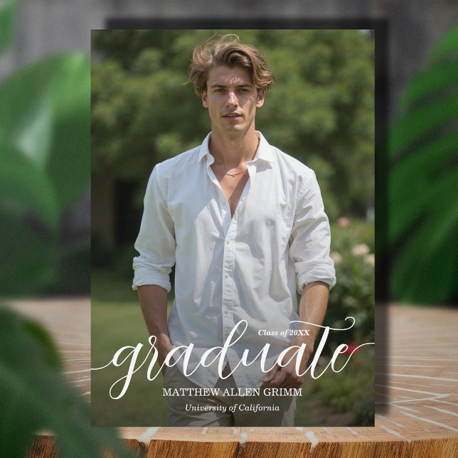 Modern Script Overlay Photo Graduation Announcement (Elegant white script photo graduation announcements,  PRINTED and/or INSTANT DOWNLOAD)
