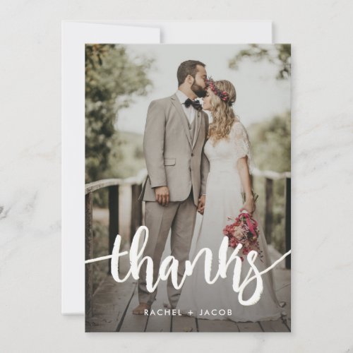 Modern Script Overlay Simple Two Photo Wedding Tha Thank You Card