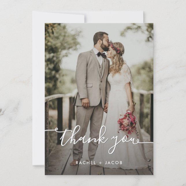 Modern Script Overlay Simple Two Photo Wedding Thank You Card (Front)