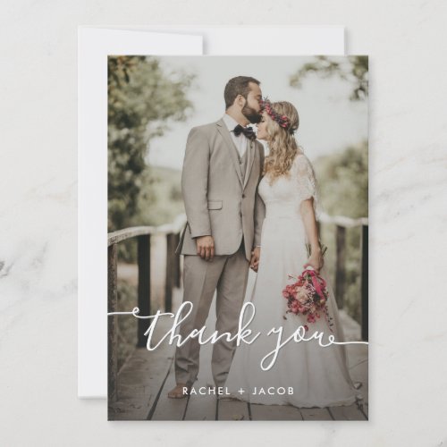 Modern Script Overlay Simple Two Photo Wedding Thank You Card