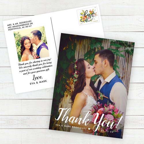 Modern Script Overlay Wedding Photo Thank You Postcard