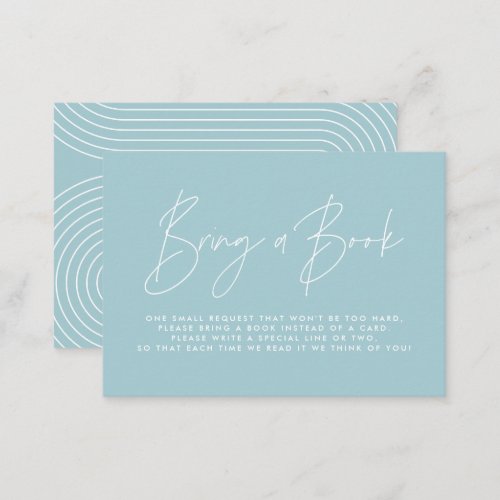 Modern script pale blue baby shower bring a book  note card