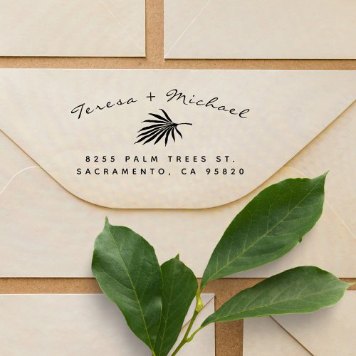 Modern Script Palm Leaf Wedding Return Address Rubber Stamp