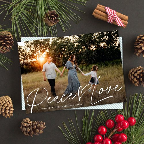 Modern Script Peace Heart Love Christmas One Photo Holiday Card