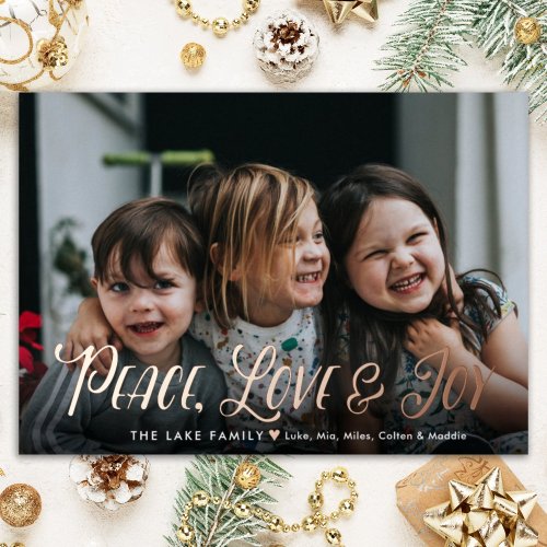 Modern Script Peace Love Joy Christmas Photo  Foil Holiday Card