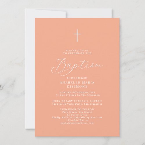 Modern Script Peach Baby Photo Baptism Invitation