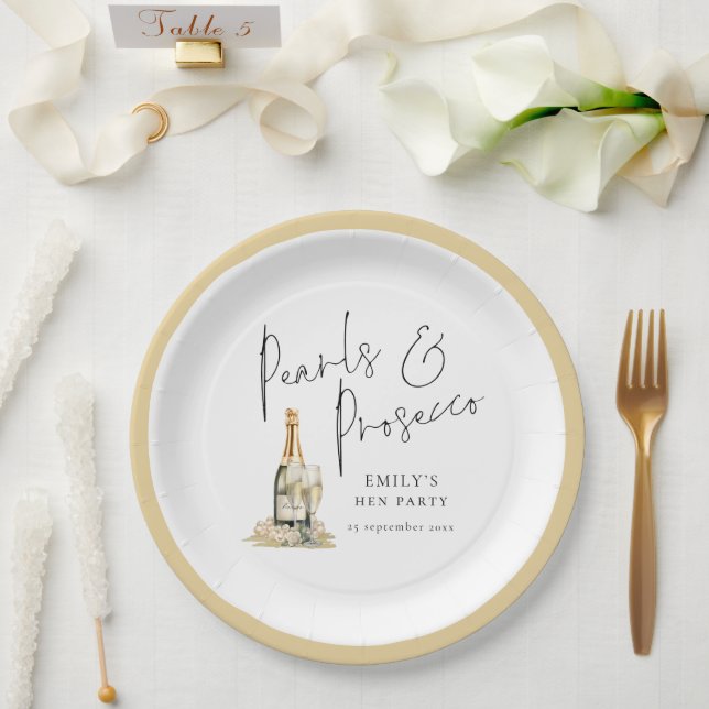 Modern Script Pearls and Prosecco Hen Party Paper Plates (Wedding)