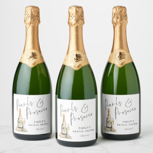Modern Script Pearls Prosecco Cheers Bridal Shower Sparkling Wine Label