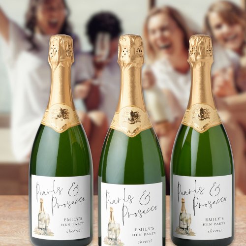 Modern Script Pearls Prosecco Cheers Hen Party Sparkling Wine Label