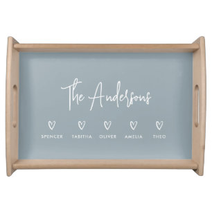 Modern script personal 5 family dusty blue serving tray