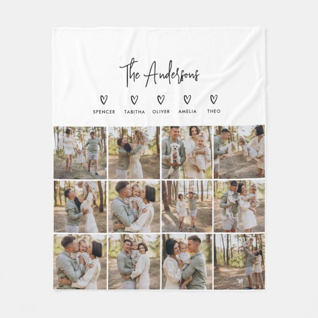 Modern script personal 5 family gift black & white fleece blanket (Front)