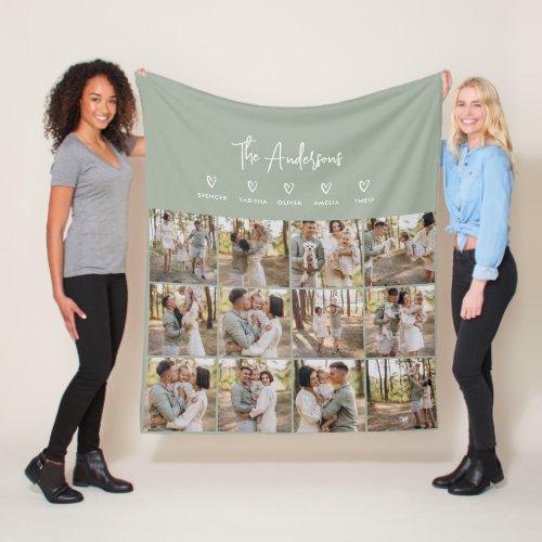 Modern script personal 5 family gift sage green fleece blanket