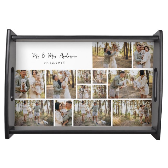Modern script personal 5 family photo collage gift serving tray (Front)
