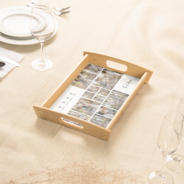 Modern script personal 5 family photo collage gift serving tray (Front)