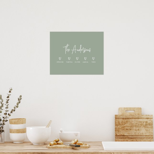 Modern script personal 5 family sage green poster (Kitchen)