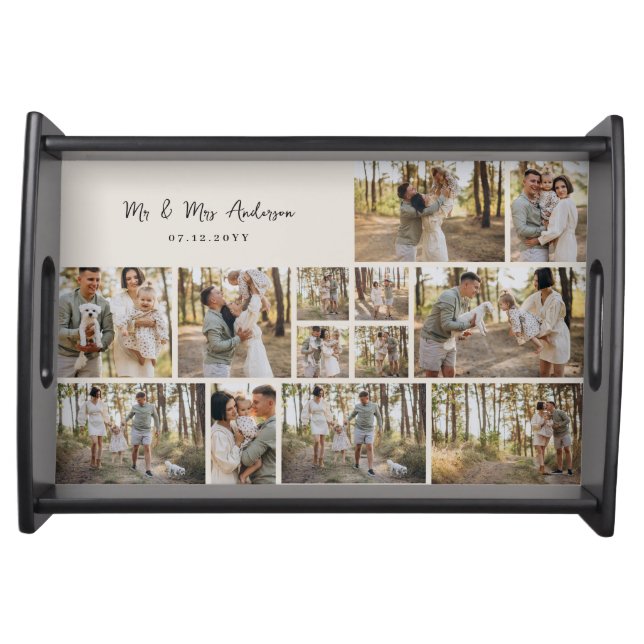 Modern script personal family photo collage gift serving tray (Front)