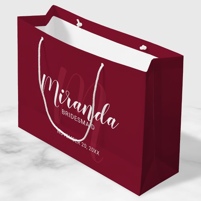 Modern Script Personalized Bridesmaid Burgundy Red Large Gift Bag (Creator Uploaded)