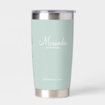 Modern Script Personalized Bridesmaid Name Insulated Tumbler<br><div class="desc">Add a personal touch to your wedding with personalized bridesmaid gift. This design features personalized bridesmaid's name in white modern script font style with title and wedding date in white modern sans serif font style on sage green background. Also perfect for maid of honor, flower girl, mother of the bride...</div>
