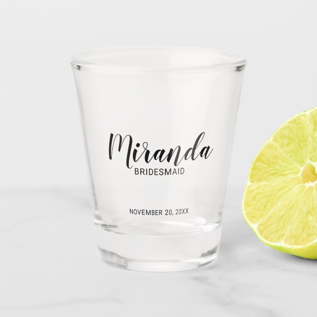 Modern Script Personalized Bridesmaid Shot Glass (Front)