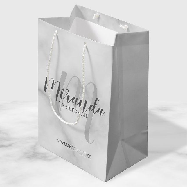 Modern Script Personalized Bridesmaid White Marble Medium Gift Bag (Creator Uploaded)