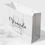 Modern Script Personalized Bridesmaids Large Gift Bag<br><div class="desc">Personalized Bridesmaids Gift Bag featuring personalized bridesmaid's name in grey modern script font style and monogram in light grey modern script font style as background with title and wedding date in grey modern sans serif font style. Also perfect for groomsman, best man, ring bearer, father of the bride, maid of...</div>