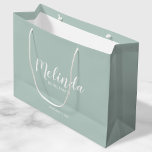 Modern Script Personalized Bridesmaids Large Gift Bag<br><div class="desc">Modern Script Personalized Bridesmaids Gift Bag
featuring personalized bridesmaid's name in white modern script font style with title and wedding date in modern sans serif font style on sag green background.

Also perfect for Maid of Honor,  Flower Girl,  Mother of the Bride and more.</div>