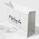 Modern Script Personalized Bridesmaids Large Gift Bag<br><div class="desc">Modern Script Personalized Bridesmaids Gift Bag
featuring personalized bridesmaid's name in black modern script font style with title and wedding date in modern sans serif font style on white background.

Also perfect for Maid of Honor,  Flower Girl,  Mother of the Bride,  Groomsmen,  Best man and more.</div>