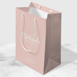 Modern Script Personalized Bridesmaids Medium Gift Bag<br><div class="desc">Modern Script Personalized Bridesmaids Gift Bag
featuring personalized bridesmaid's name in white modern script font style with title and wedding date in modern sans serif font style on blush pink background.

Also perfect for Maid of Honor,  Flower Girl,  Mother of the Bride and more.</div>