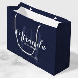 Modern Script Personalized Bridesmaids Navy Blue Large Gift Bag<br><div class="desc">Personalized Bridesmaids Gift Bag featuring personalized bridesmaid's name in white modern script font style and monogram in light navy blue modern script font style as background with title and wedding date in white modern sans serif font style on navy blue background. Also perfect for groomsman, best man, ring bearer, father...</div>