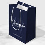 Modern Script Personalized Bridesmaids Navy Blue Medium Gift Bag<br><div class="desc">Personalized Bridesmaids Gift Bag featuring personalized bridesmaid's name in white modern script font style and monogram in light navy blue modern script font style as background with title and wedding date in white modern sans serif font style on navy blue background. Also perfect for groomsman, best man, ring bearer, father...</div>