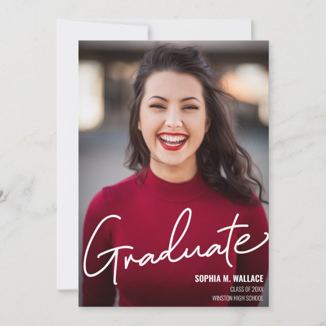 Modern Script Personalized Graduate Photo Announcement (Front)