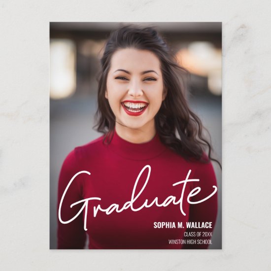 Modern Script Personalized Graduate Photo Announcement Postcard