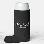 Modern Script Personalized Groomsman Can Cooler<br><div class="desc">Personalized Groomsman Gifts
featuring personalized groomsman's name in white modern script font style with title and wedding date in modern sans serif font style on black background.

Also perfect for best man,  father of the bride,  bridesmaid,  maid of honor,  mother of the bride and more.</div>