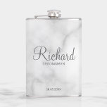 Modern Script Personalized Groomsman Flask<br><div class="desc">Personalized Groomsman Gifts featuring personalized groomsman's name in grey modern script font style with title and wedding date in modern sans serif font style on white marble background. Also perfect for best man, father of the bride, bridesmaid, maid of honor, mother of the bride and more. Please note: The marble...</div>