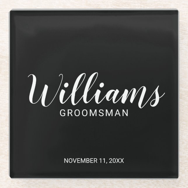 Modern Script Personalized Groomsman Glass Coaster (Front)
