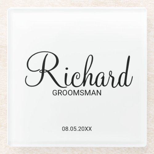 Modern Script Personalized Groomsman Glass Coaster