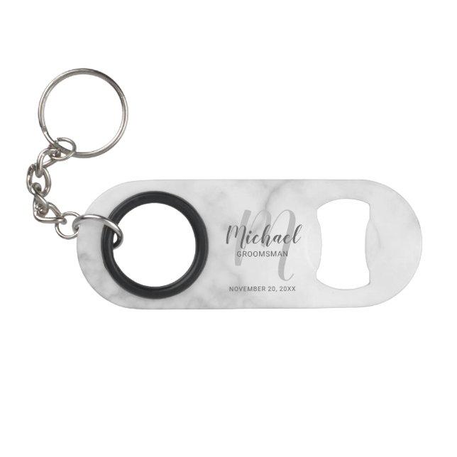 Modern Script Personalized Groomsman Keychain Bottle Opener (Front (Horizontal))