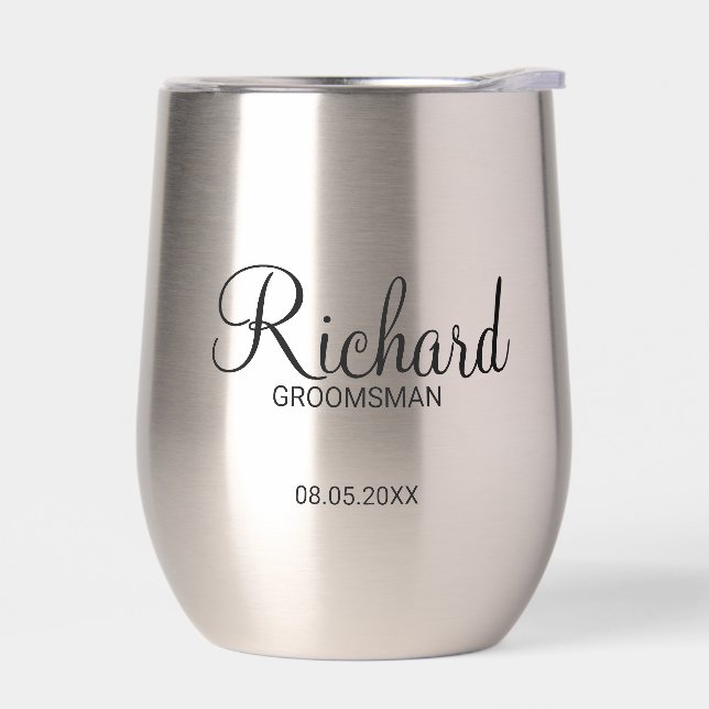 Modern Script Personalized Groomsman Thermal Wine Tumbler (Left)