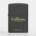 Modern Script Personalized Groomsman Zippo Lighter<br><div class="desc">Modern Script Personalized Groomsman Pocket Lighter featuring personalized groomsman's name in gold modern script font style with title and wedding date in modern sans serif font style on black background. Also perfect for Best Man, Father of the Bride and more. Please Note: The foil details are simulated in the artwork....</div>