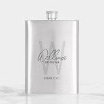 Modern Script Personalized Groomsman's Name Flask<br><div class="desc">Modern Minimalist Personalized Monogram and Name Gifts
This design features personalized groomsman's name in grey modern handwriting script font style and monogram in light grey modern sans serif font style as background,  with wedding details in grey modern sans serif font style.

Also perfect for best man and more.</div>