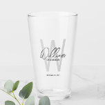 Modern Script Personalized Groomsman's Name Glass<br><div class="desc">Modern Minimalist Personalized Monogram and Name Gifts This design features personalized groomsman's name in grey modern handwriting script font style and monogram in light grey modern sans serif font style as background, with wedding details in grey modern sans serif font style, on white background. Also perfect for best man, maid...</div>