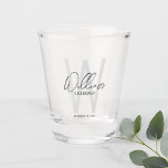 Modern Script Personalized Groomsman's Name Shot Glass<br><div class="desc">Modern Minimalist Personalized Monogram and Name Gifts This design features personalized groomsman's name in grey modern handwriting script font style and monogram in light grey modern sans serif font style as background, with wedding details in grey modern sans serif font style, on white background. Also perfect for best man, maid...</div>