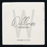 Modern Script Personalized Groomsman's Name Stone Coaster<br><div class="desc">Modern Minimalist Personalized Monogram and Name Gifts This design features personalized groomsman's name in grey modern handwriting script font style and monogram in light grey modern sans serif font style as background, with wedding details in grey modern sans serif font style, on white background. Also perfect for best man, maid...</div>