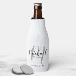 Modern Script Personalized Groomsmen Bottle Cooler<br><div class="desc">Add a personal touch to your wedding with personalized groomsmen bottle cooler. This bottle cooler features personalized groomsmen's name in grey modern script font style and monogram in light grey modern script font style as background with title and wedding date in grey modern sans serif font style. Also perfect for...</div>