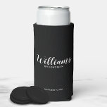 Modern Script Personalized Groomsmen Can Cooler<br><div class="desc">Modern Script Personalized Groomsmen Can Cooler
featuring personalized groomsman's name in white modern script font style with title and wedding date in modern sans serif font style on black background.

Also perfect for Maid of Honor,  Flower Girl,  Mother of the Bride,  Groomsmen,  Best man and more.</div>